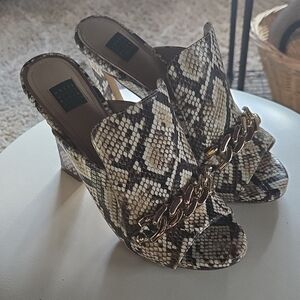 White House Black Market Snake Print Mules with Chain Detail